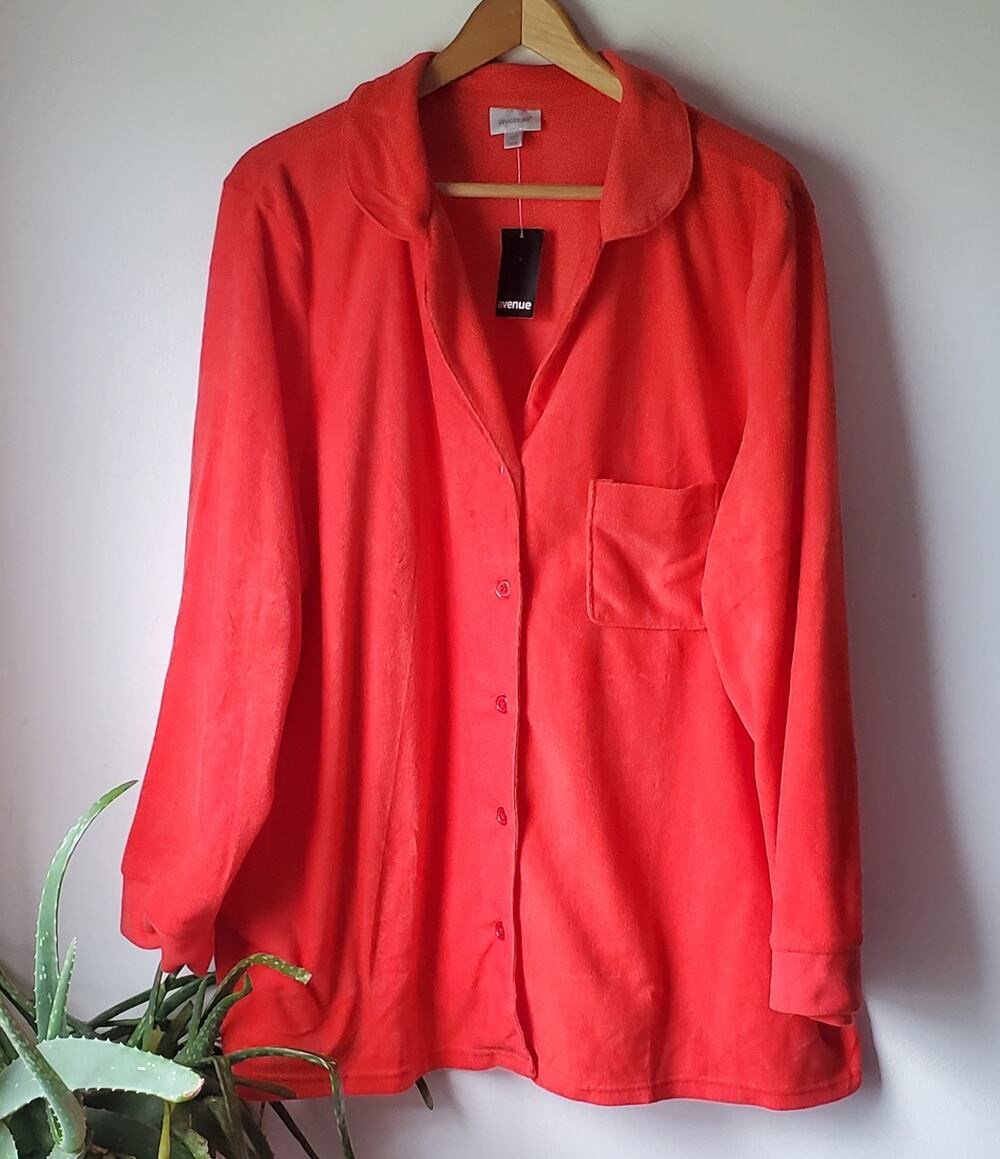 Avenue Red Long Sleeve Soft Fleece Button Up Shiry Womens Soze 2X Casual Lounge